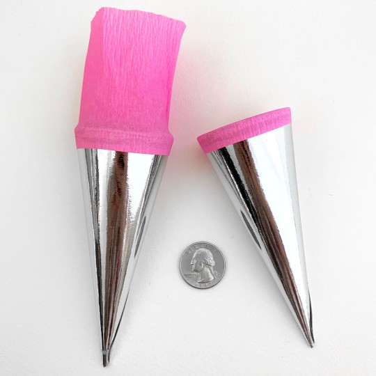 2 Metallic Paper & Crepe Cones from Germany ~ 4-3/4" ~ Silver Foil + Pink Crepe